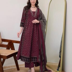 Women's Anarkali Kurta Set with Dupatta | Pure Cotton Suit Set for Women | Ajrakh Print Kurta Palazzo Dupatta Set | 3 Piece Ethnic Wear for Festival & Party